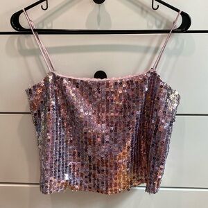 ASTR The Label purple sequin spaghetti strap tank, size M, wears like a crop top